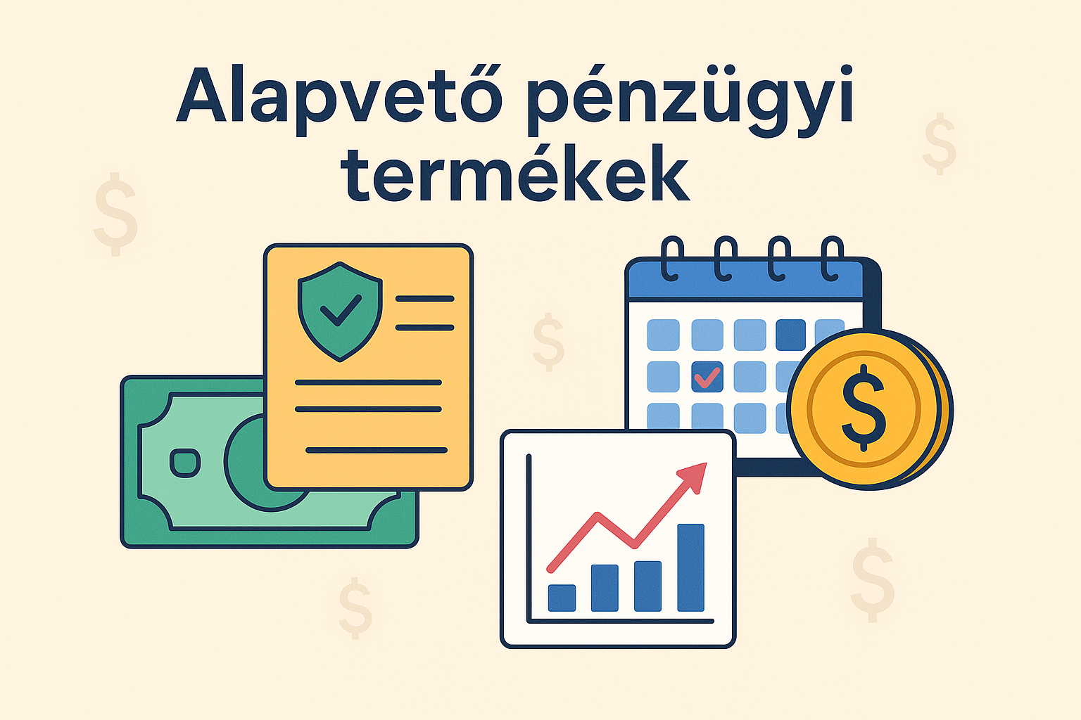 Alapvető pénzügyi termékek illusztráció – bankjegy, biztosítási dokumentum, naptár, érme és növekvő grafikon ikonokkal